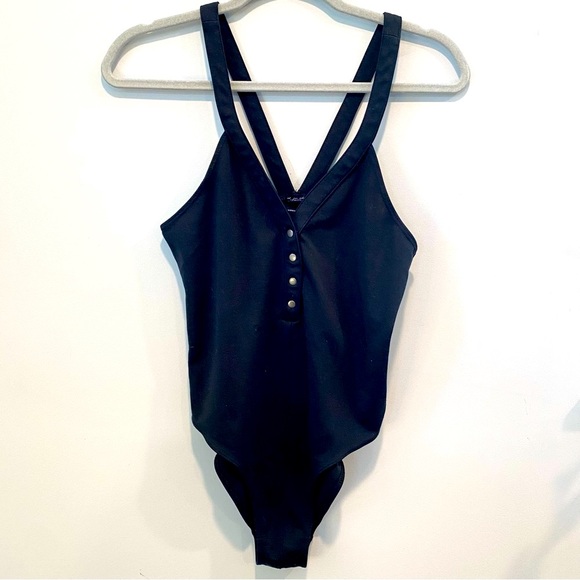 Urban Outfitters Out From Under Plunge Front Button Bodysuit Black Medium - Picture 2 of 14